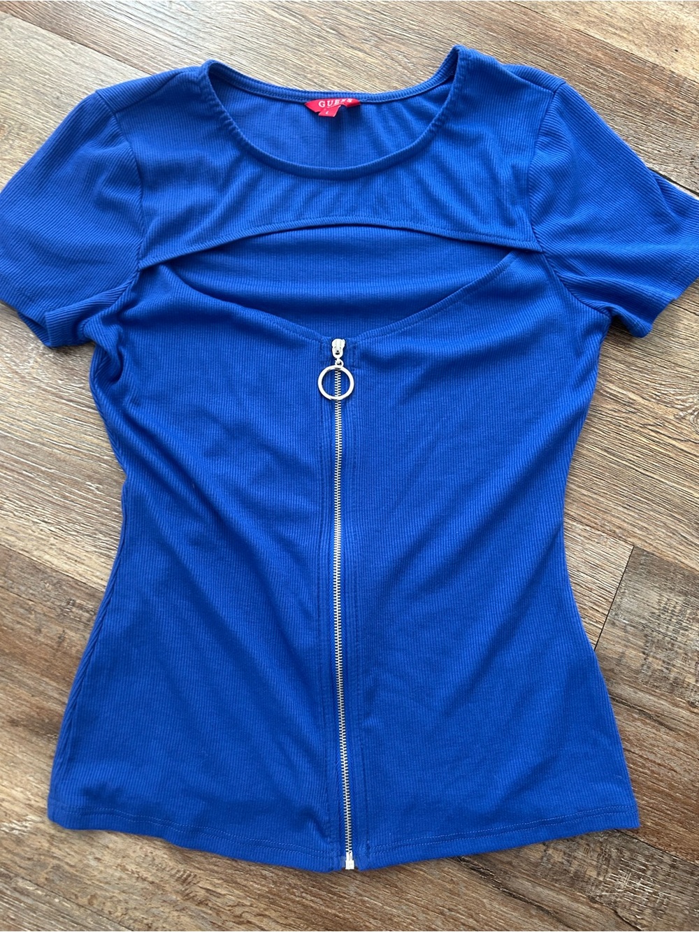 Guess Royal Blue Short Sleeve Zip-Front Top